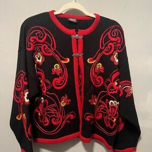 Vrikke Chic Black and Red Embroidered Women's Cardigan - 100% Wool